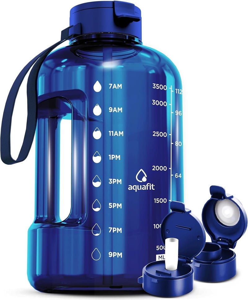 AQUAFIT 1 Gallon Water Bottle with Time Marker - Straw & Chug Lid - BPA Free Gym Water Bottle with Straw - Big Gallon Jug (Blue, 128 oz - 2 Lids) - Image 1